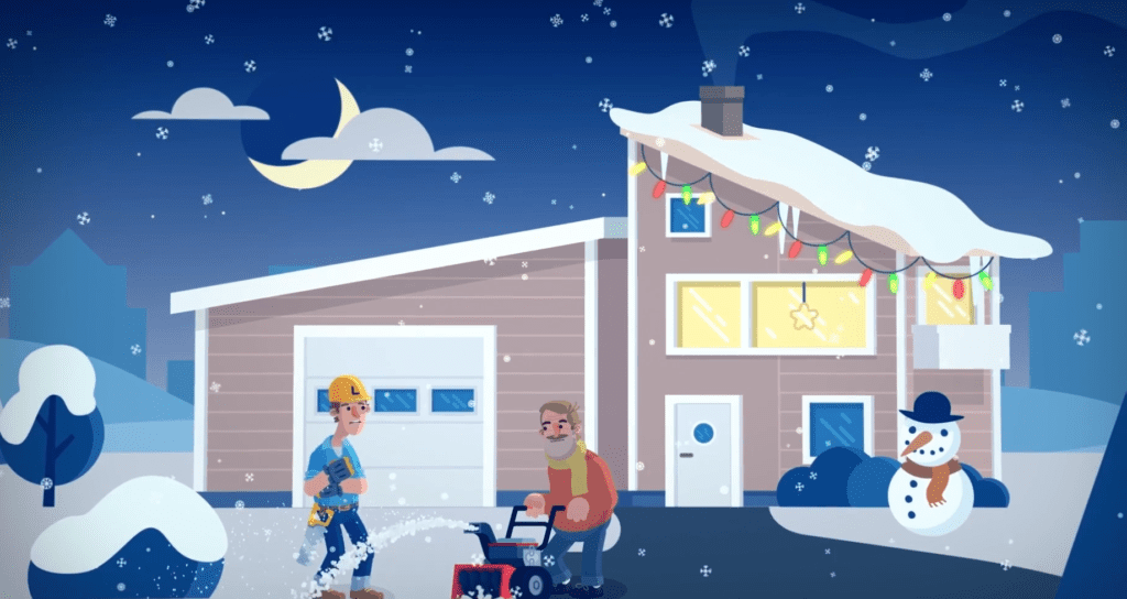 Illustrasjonsbilde av et hus, med to personer og en snømann